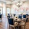 a dining room with blue chairs